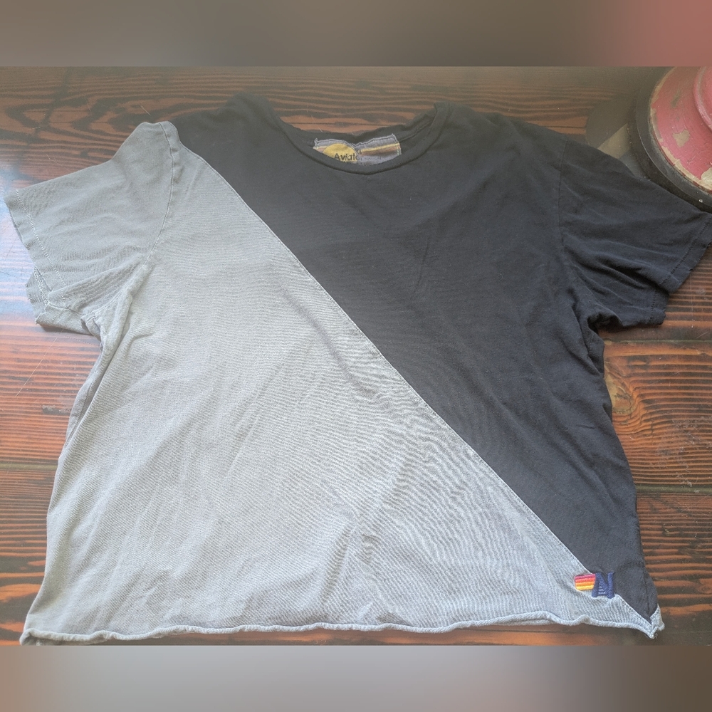 Aviator Nation Women’s Crop T-Shirt Black Gray Colorblock Size XL Made in USA